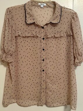 Kensie Beige Polka Dot Ruffle Button-Down with Black Trim
